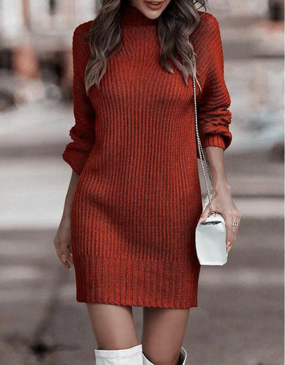 Women's Turtleneck Sweater Dress Long Sleeve Ribbed Knit Mini Dress