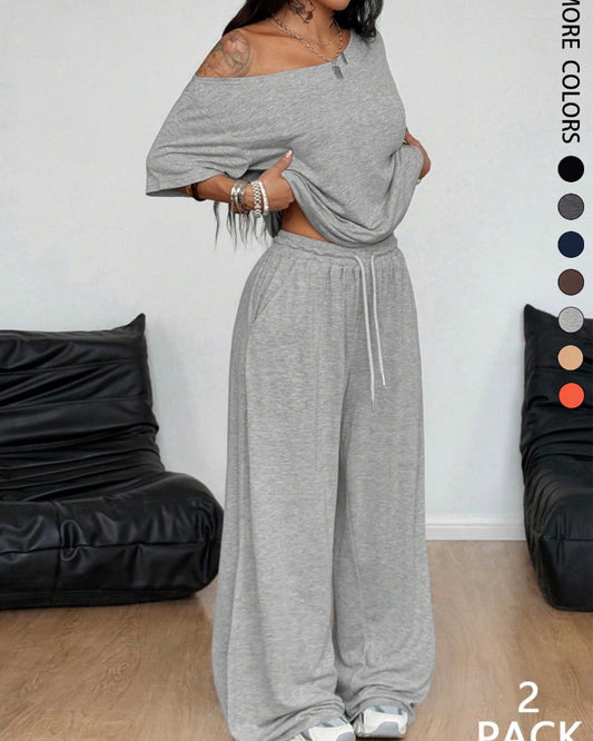 Women's Two Piece Lounge Set Off Shoulder Top and Wide Leg Pants Casual Loose Fit Outfit - Seldom Seen Styles