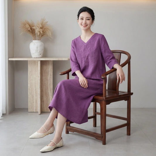 Women's V-Neck 3/4 Sleeve Embroidered 100% Linen Midi Dress Loose Fit Elegant Casual Summer - Seldom Seen Styles