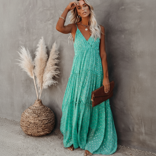 Women's V Neck Adjustable Strap Floral Bohemian Maxi Dress Flowy A-Line Summer Beach Vacation Casual Dress - Seldom Seen Styles