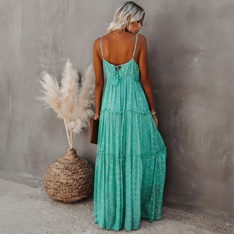Women's V Neck Adjustable Strap Floral Bohemian Maxi Dress Flowy A-Line Summer Beach Vacation Casual Dress - Seldom Seen Styles