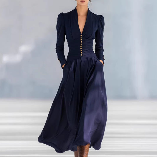 Women's V-Neck Bubble Sleeve Long Sleeve Big Swing Maxi Dress Elegant Waist Fall Winter Casual Dress Plus Size - Seldom Seen Styles