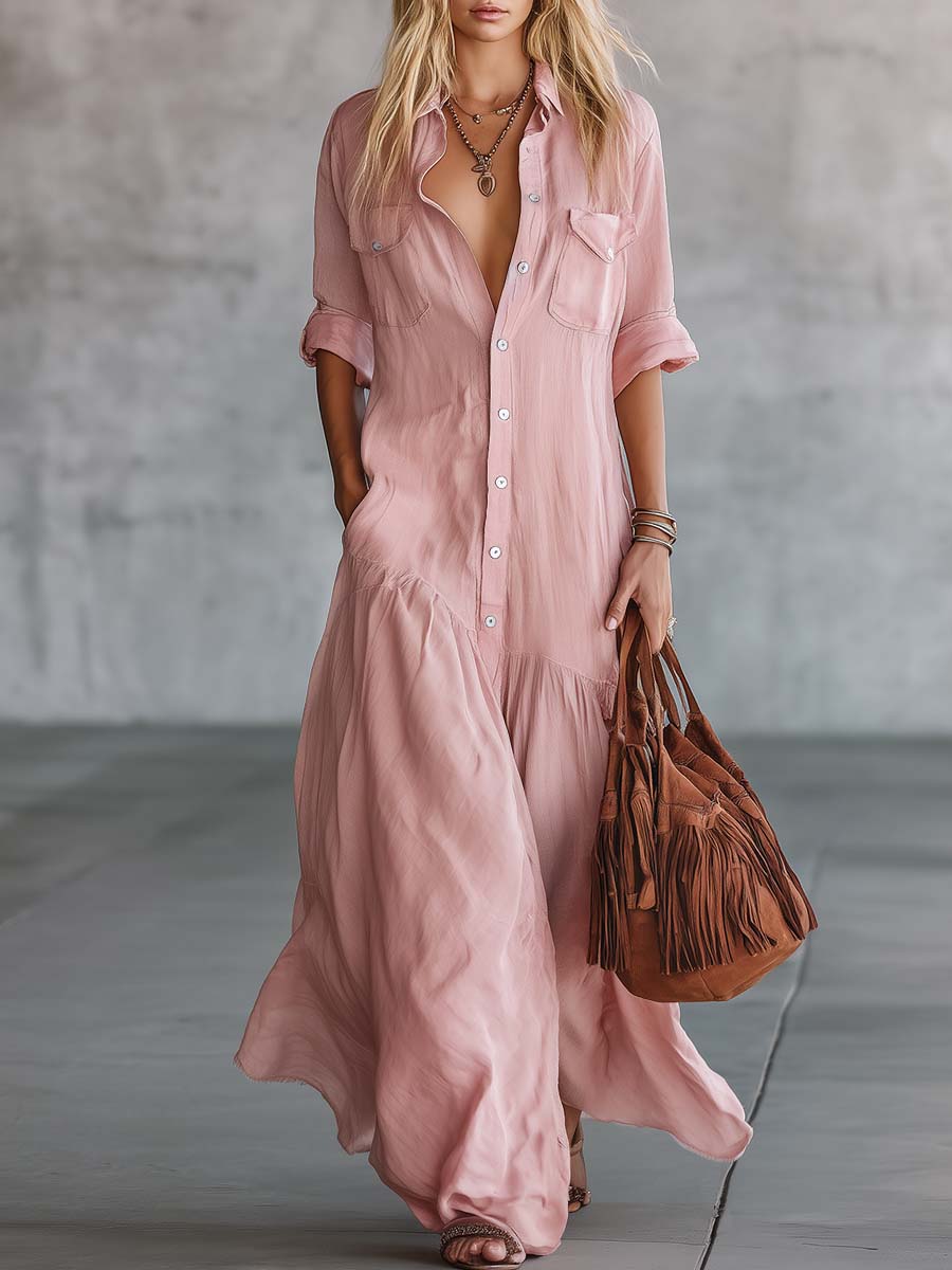Women's V Neck Button Down Maxi Shirt Dress Cotton Linen Short Sleeve Casual Summer Vacation Dress