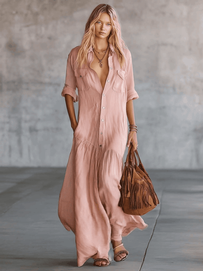 Women's V Neck Button Down Maxi Shirt Dress Cotton Linen Short Sleeve Casual Summer Vacation Dress