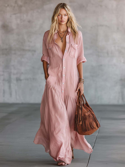 Women's V Neck Button Down Maxi Shirt Dress Cotton Linen Short Sleeve Casual Summer Vacation Dress