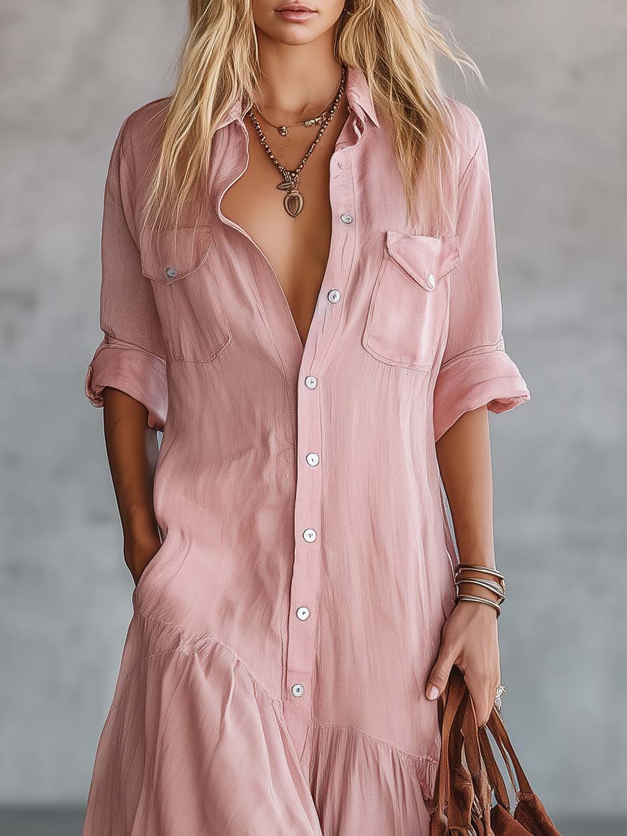 Women's V Neck Button Down Maxi Shirt Dress Cotton Linen Short Sleeve Casual Summer Vacation Dress