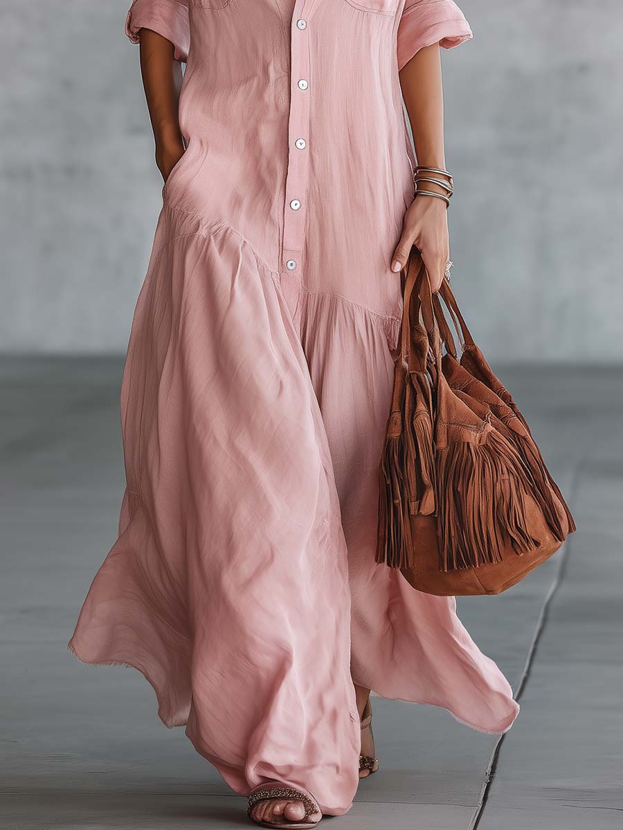 Women's V Neck Button Down Maxi Shirt Dress Cotton Linen Short Sleeve Casual Summer Vacation Dress