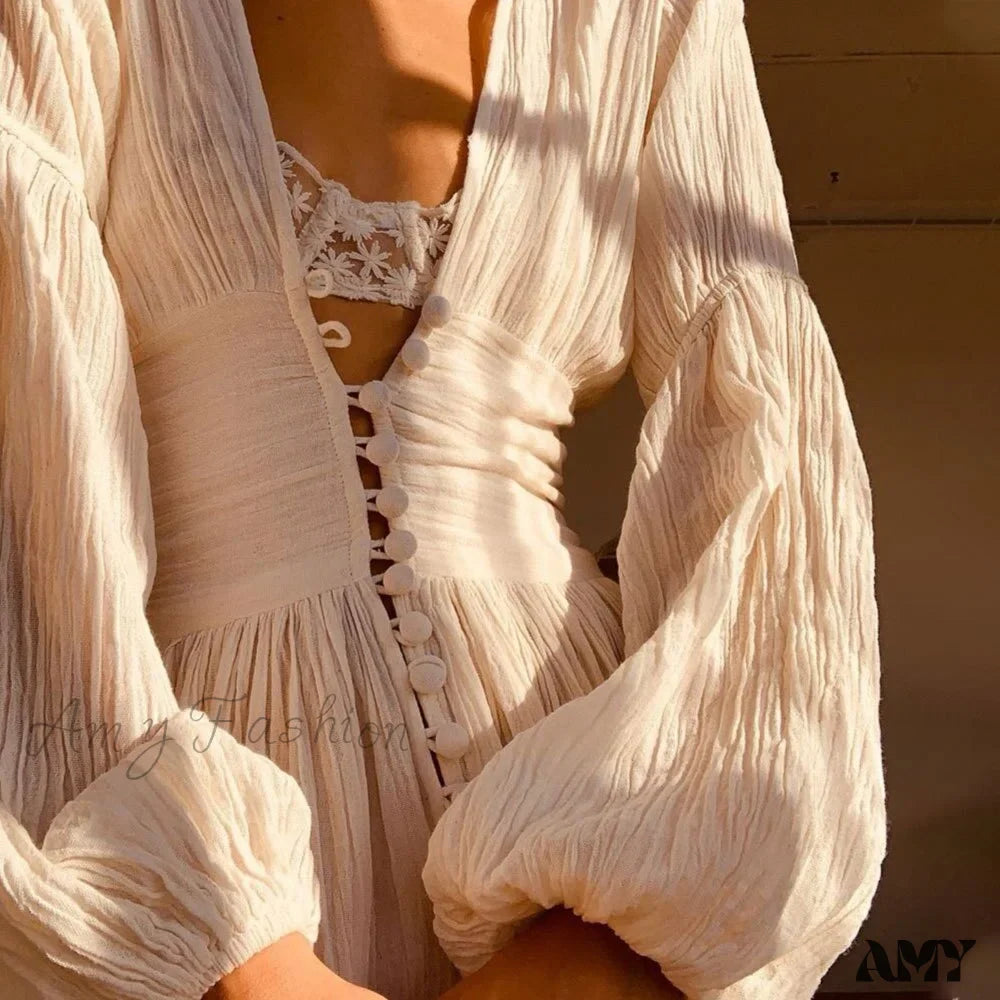 Women's V Neck Button Front Maxi Dress Long Sleeve Boho Dress - Seldom Seen Styles