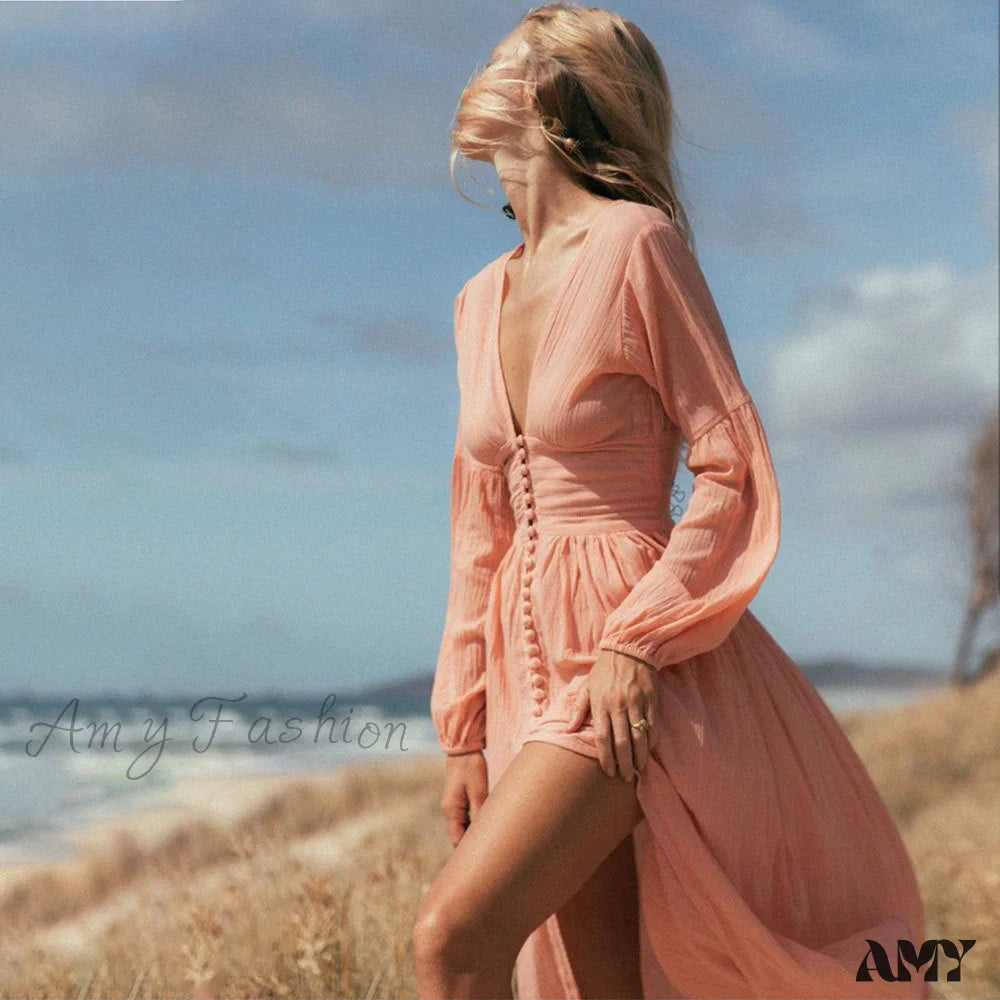 Women's V Neck Button Front Maxi Dress Long Sleeve Boho Dress - Seldom Seen Styles