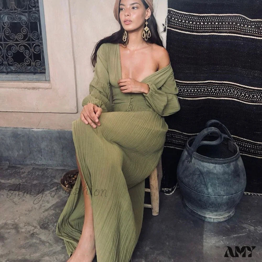Women's V Neck Button Front Maxi Dress Long Sleeve Boho Dress - Seldom Seen Styles
