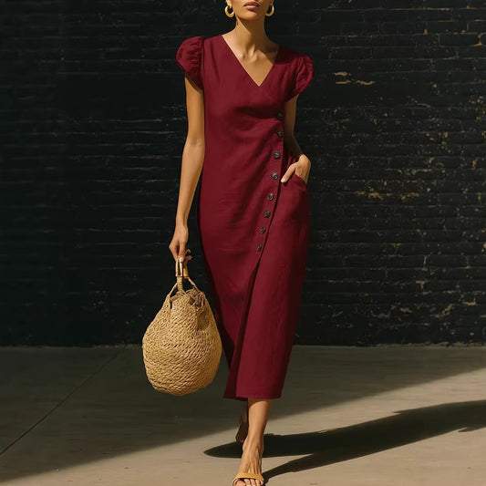 Women's V-Neck Casual Loose Midi Dress Sleeveless Summer Beach Vacation Sundress - Seldom Seen Styles