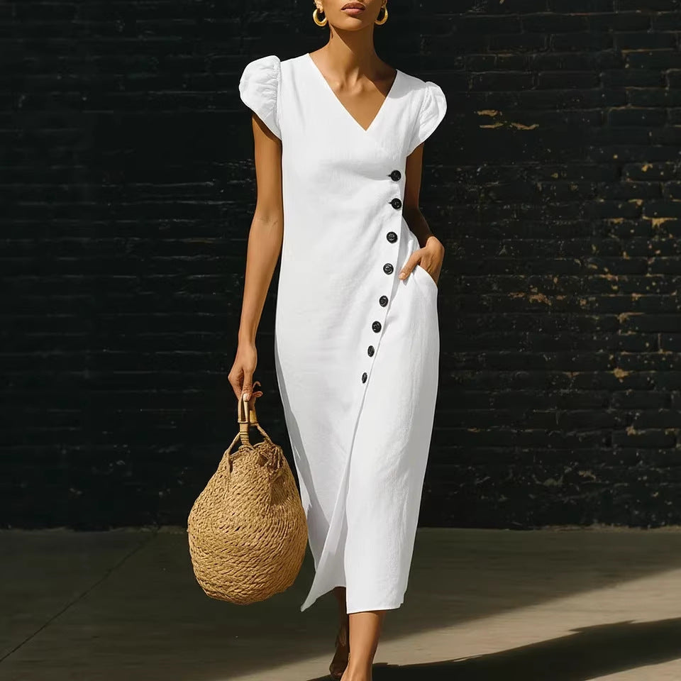 Women's V-Neck Casual Loose Midi Dress Sleeveless Summer Beach Vacation Sundress - Seldom Seen Styles