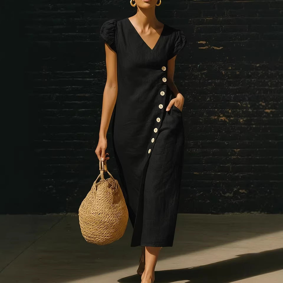 Women's V-Neck Casual Loose Midi Dress Sleeveless Summer Beach Vacation Sundress - Seldom Seen Styles