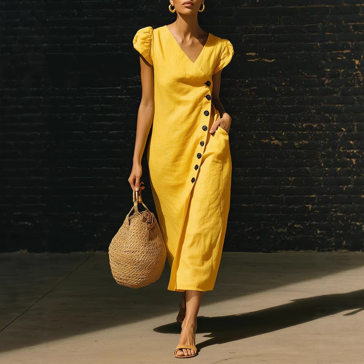 Women's V-Neck Casual Loose Midi Dress Sleeveless Summer Beach Vacation Sundress - Seldom Seen Styles