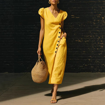 Women's V-Neck Casual Loose Midi Dress Sleeveless Summer Beach Vacation Sundress