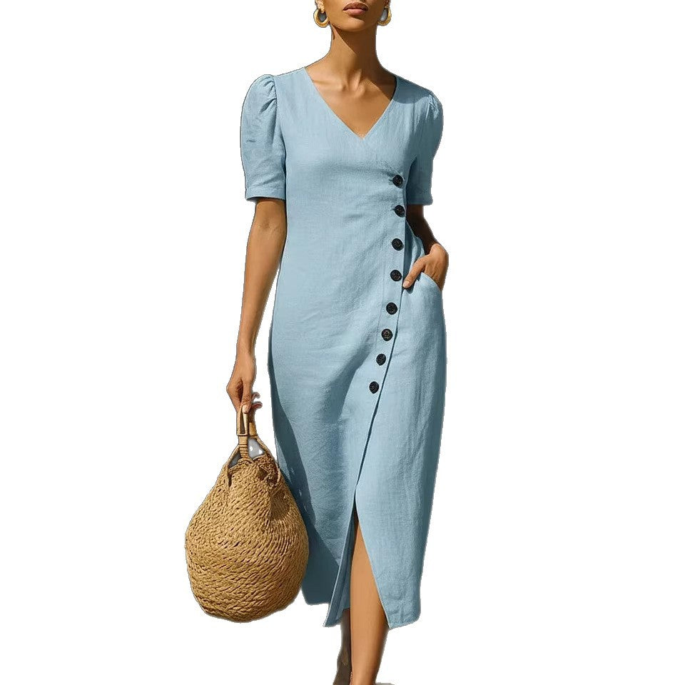 Women's V-Neck Casual Loose Midi Dress Sleeveless Summer Beach Vacation Sundress - Seldom Seen Styles