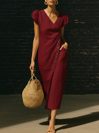 Women's V-Neck Casual Loose Midi Dress Sleeveless Summer Beach Vacation Sundress