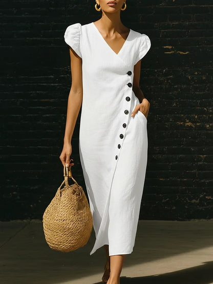 Women's V-Neck Casual Loose Midi Dress Sleeveless Summer Beach Vacation Sundress