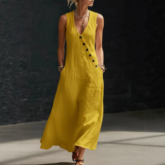 Women's V-Neck Cotton Linen Sleeveless Vest Maxi Dress Casual Summer Beach Vacation Boho Outfit - Seldom Seen Styles