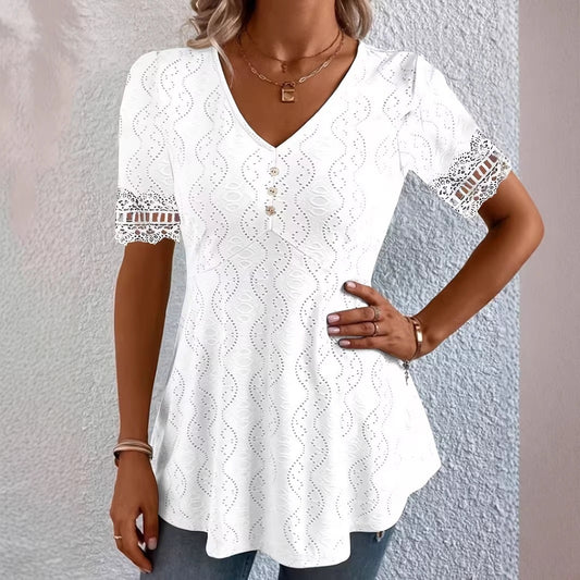 Women's V Neck Eyelet Lace Blouse Short Sleeve Tunic Top Casual Summer Shirt Boho Crochet Trim Top - Seldom Seen Styles