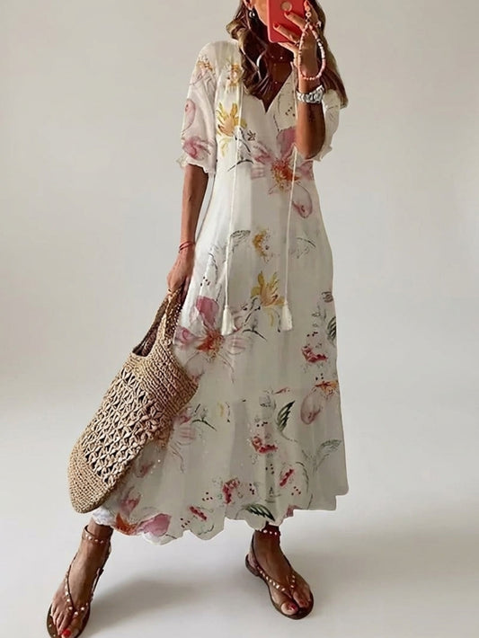 Women's V-Neck Floral Print Bohemian Maxi Dress Flowy Summer Beach Vacation Dress - Seldom Seen Styles