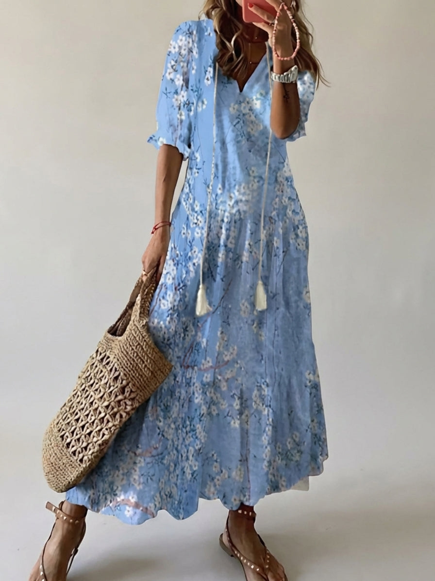 Women's V-Neck Floral Print Bohemian Maxi Dress Flowy Summer Beach Vacation Dress - Seldom Seen Styles