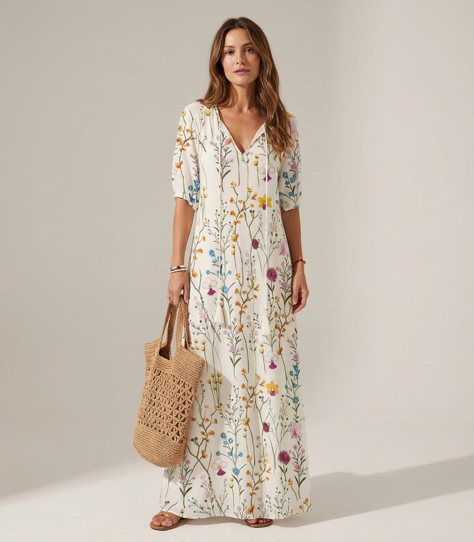 Women's V-Neck Floral Print Bohemian Maxi Dress Flowy Summer Beach Vacation Dress - Seldom Seen Styles