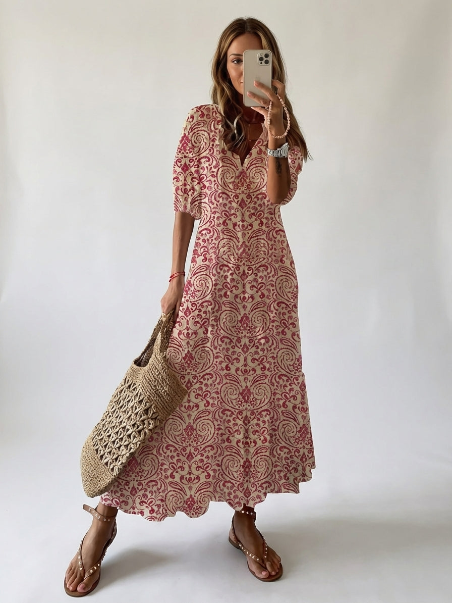 Women's V-Neck Floral Print Bohemian Maxi Dress Flowy Summer Beach Vacation Dress - Seldom Seen Styles