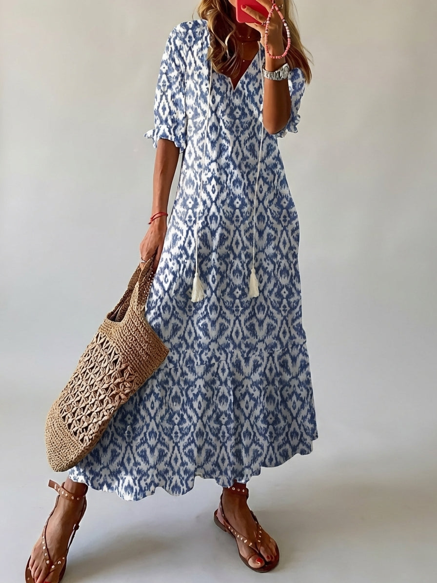 Women's V-Neck Floral Print Bohemian Maxi Dress Flowy Summer Beach Vacation Dress - Seldom Seen Styles