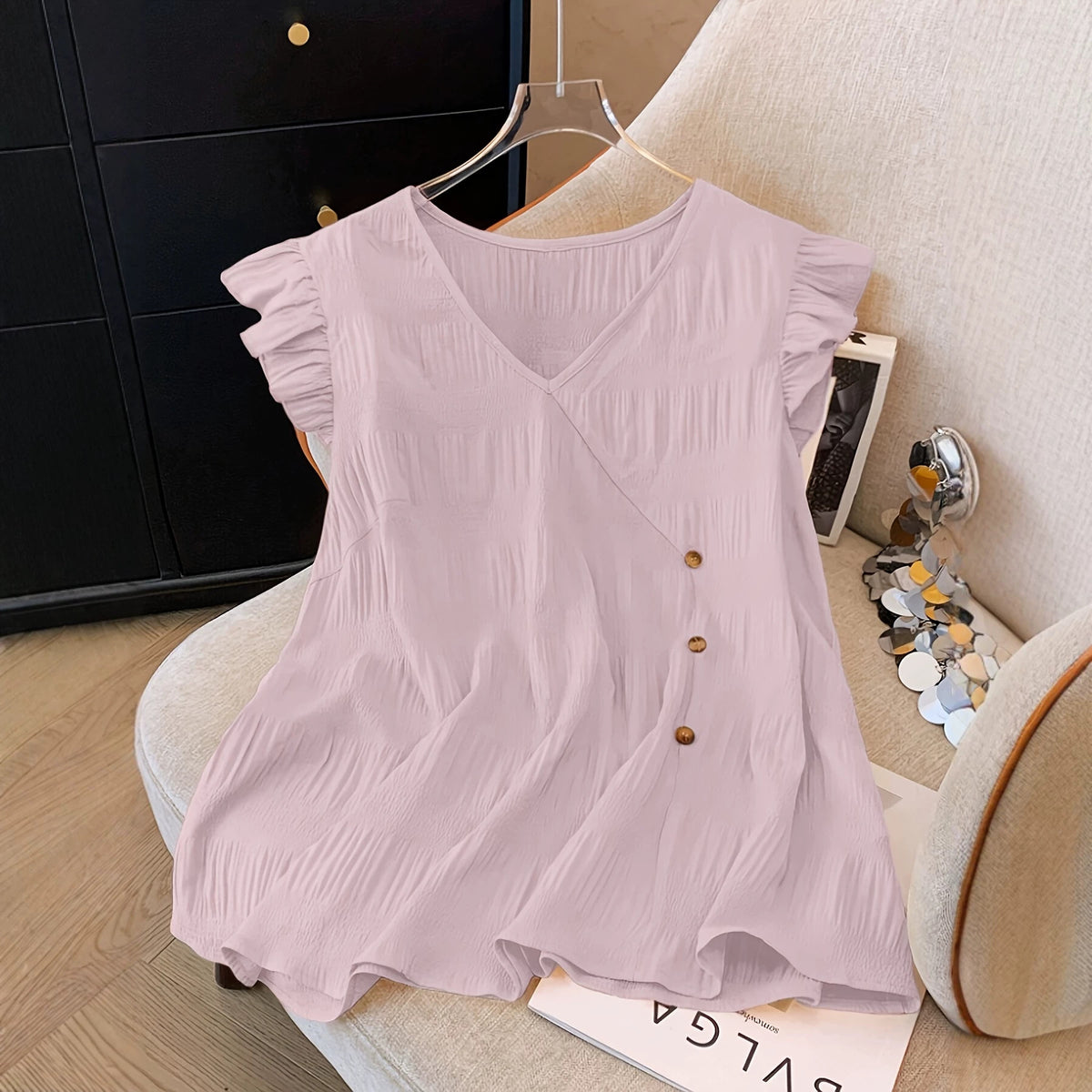 Women's V Neck Flutter Sleeve Blouse Casual Loose Fit Summer Top Button Detail Flowy Tunic Shirt - Seldom Seen Styles