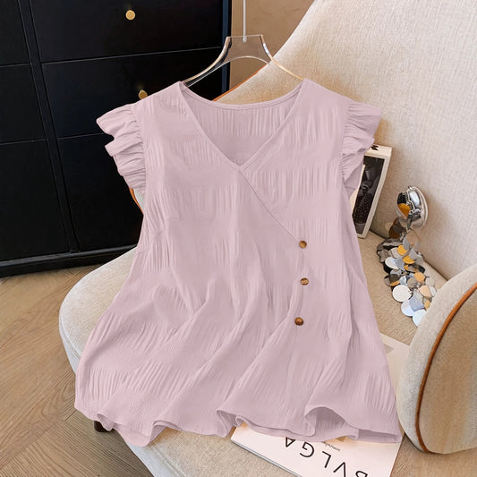 Women's V Neck Flutter Sleeve Blouse Casual Loose Fit Summer Top Button Detail Flowy Tunic Shirt - Seldom Seen Styles