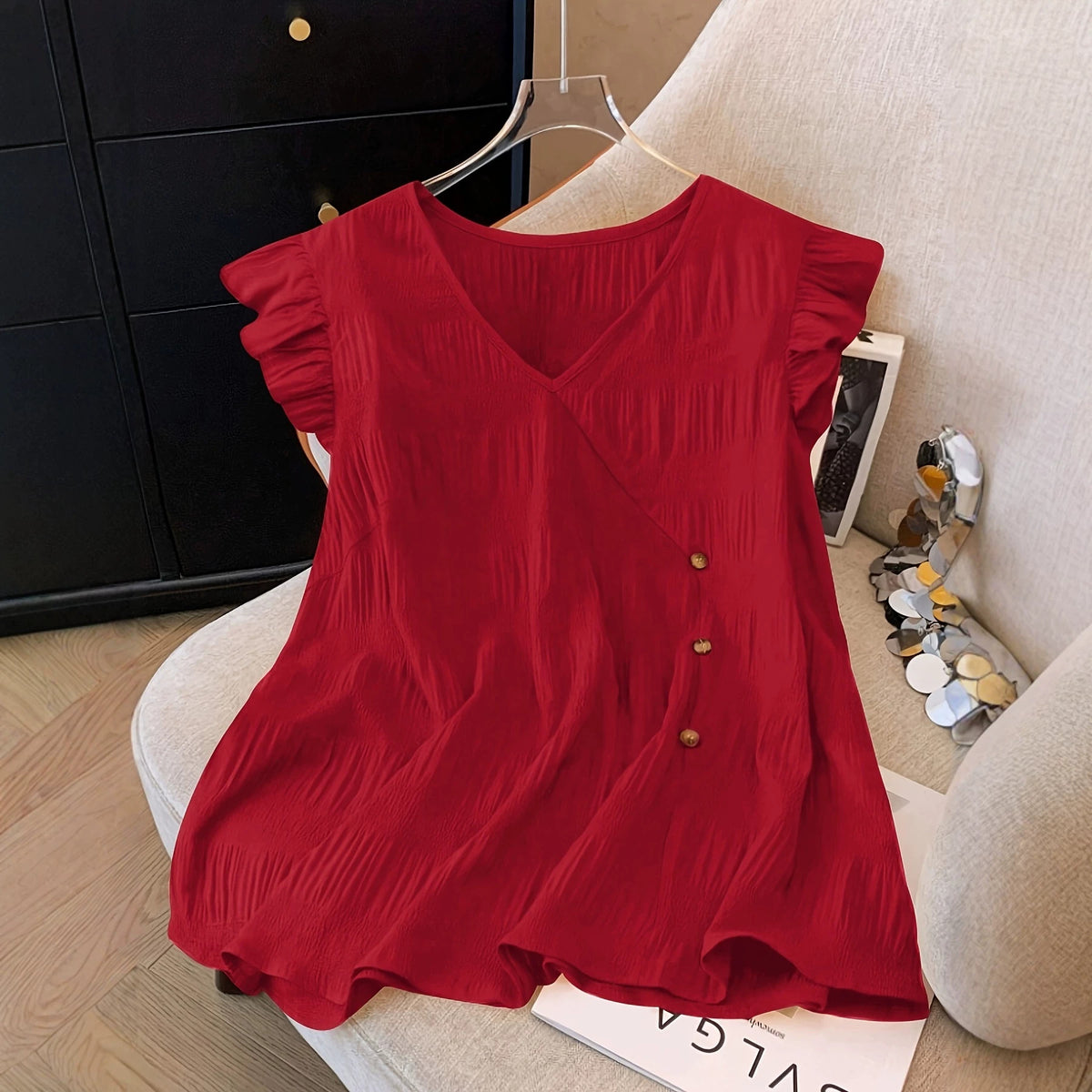 Women's V Neck Flutter Sleeve Blouse Casual Loose Fit Summer Top Button Detail Flowy Tunic Shirt - Seldom Seen Styles