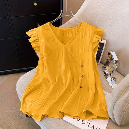 Women's V Neck Flutter Sleeve Blouse Casual Loose Fit Summer Top Button Detail Flowy Tunic Shirt