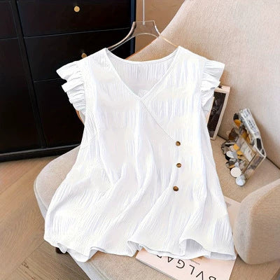 Women's V Neck Flutter Sleeve Blouse Casual Loose Fit Summer Top Button Detail Flowy Tunic Shirt