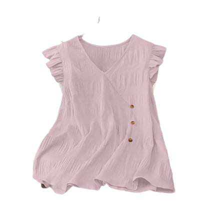 Women's V Neck Flutter Sleeve Blouse Casual Loose Fit Summer Top Button Detail Flowy Tunic Shirt