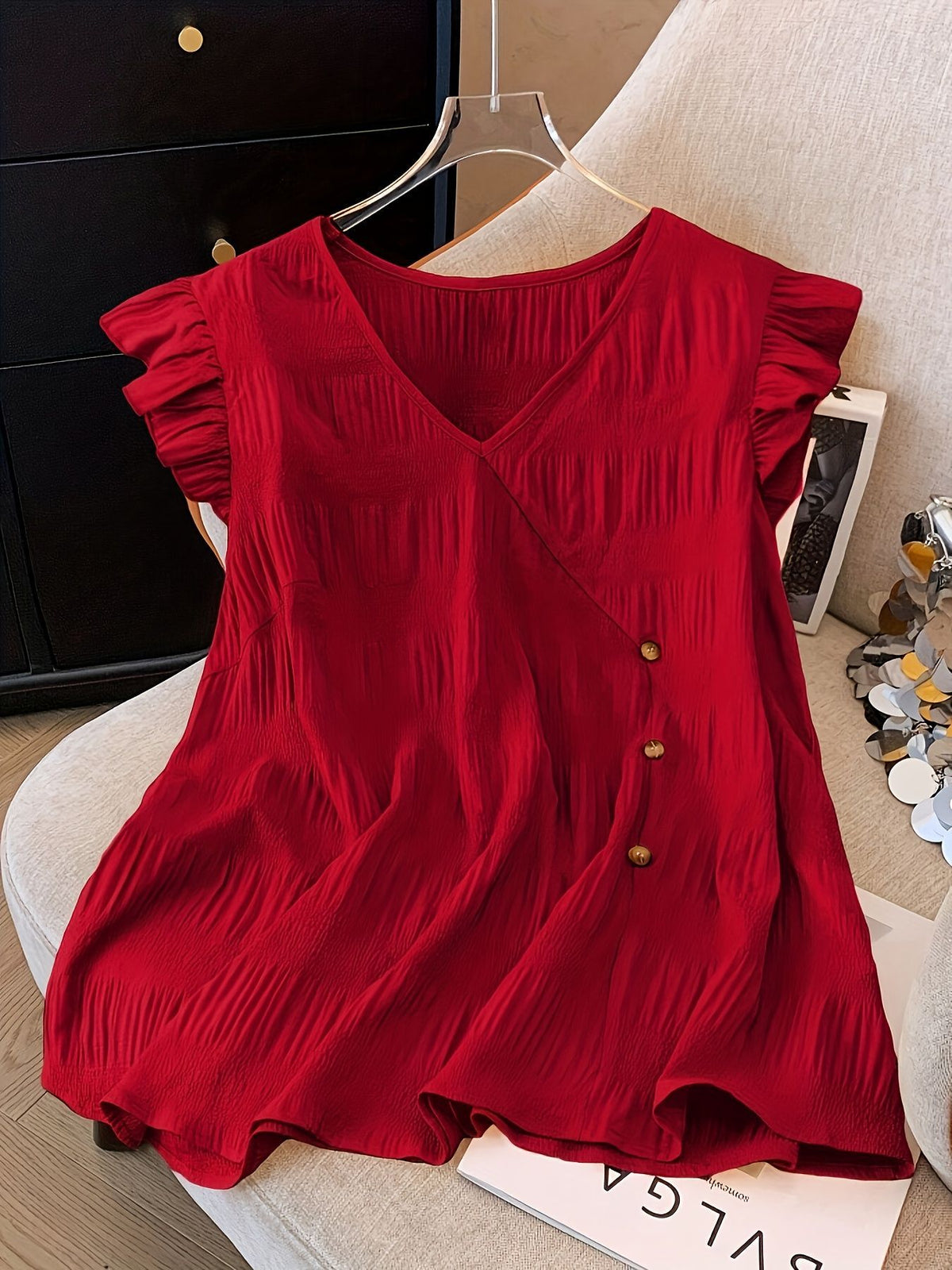 Women's V Neck Flutter Sleeve Blouse Casual Loose Fit Summer Top Button Detail Flowy Tunic Shirt - Seldom Seen Styles