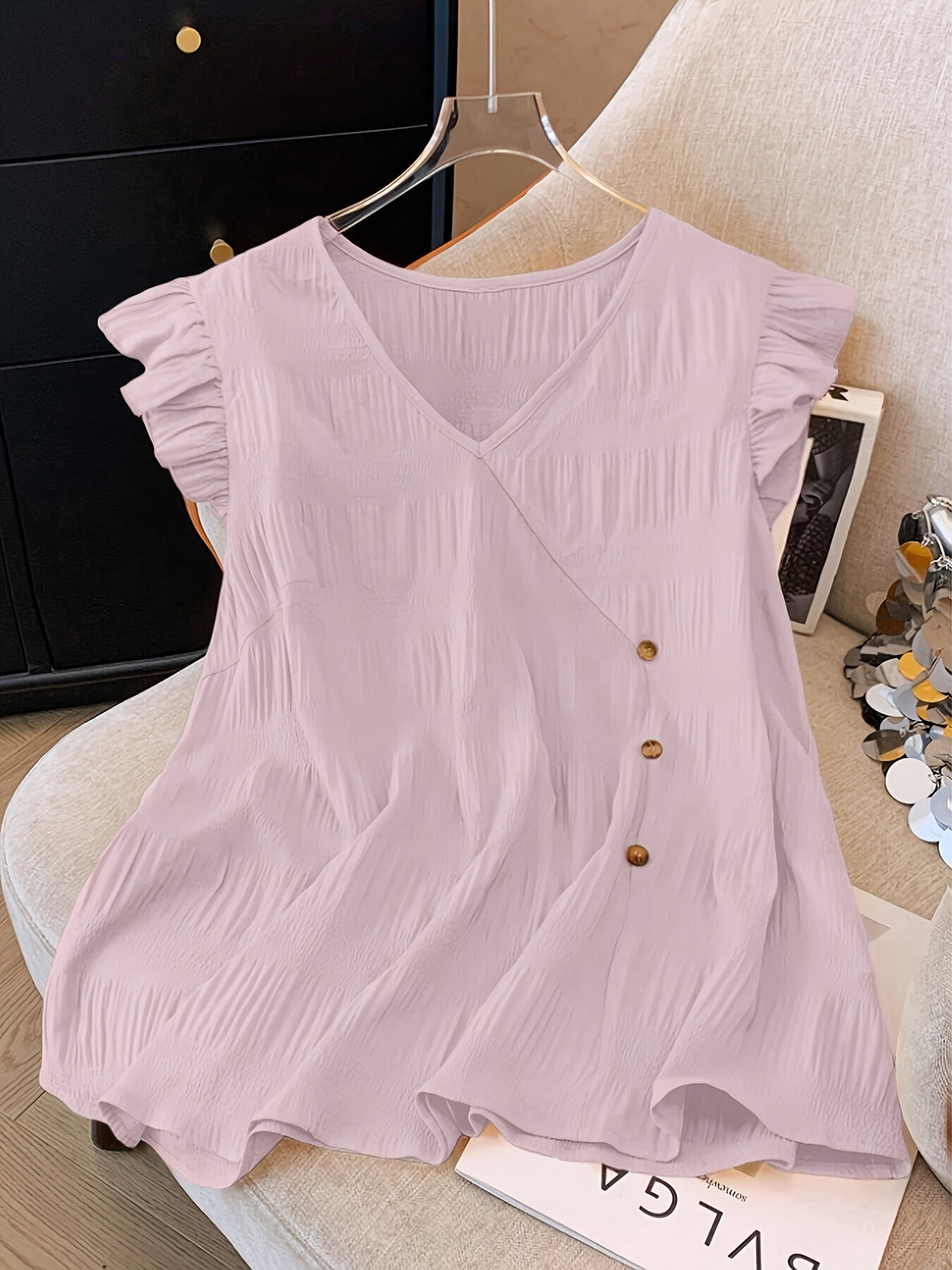 Women's V Neck Flutter Sleeve Blouse Casual Loose Fit Summer Top Button Detail Flowy Tunic Shirt - Seldom Seen Styles