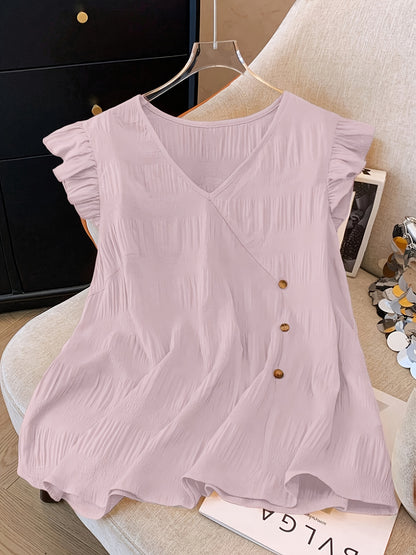 Women's V Neck Flutter Sleeve Blouse Casual Loose Fit Summer Top Button Detail Flowy Tunic Shirt