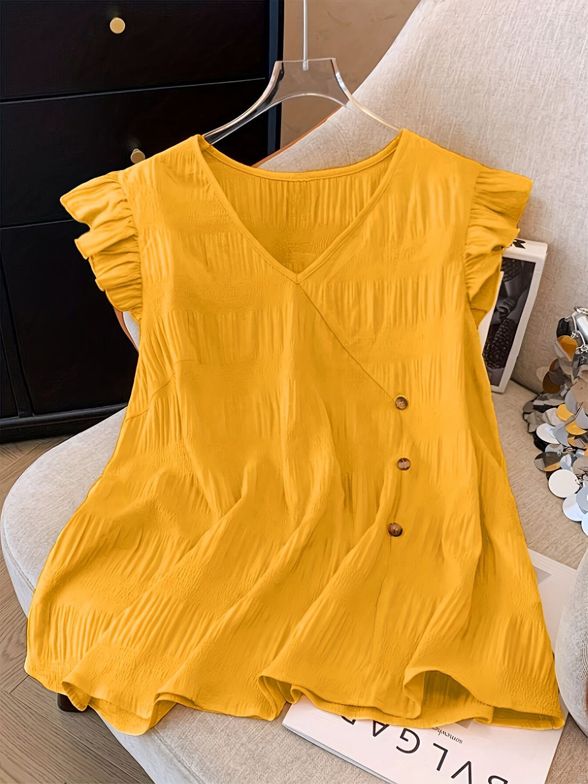 Women's V Neck Flutter Sleeve Blouse Casual Loose Fit Summer Top Button Detail Flowy Tunic Shirt - Seldom Seen Styles