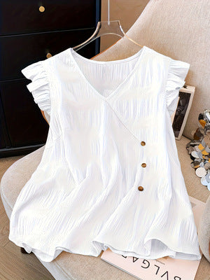 Women's V Neck Flutter Sleeve Blouse Casual Loose Fit Summer Top Button Detail Flowy Tunic Shirt - Seldom Seen Styles