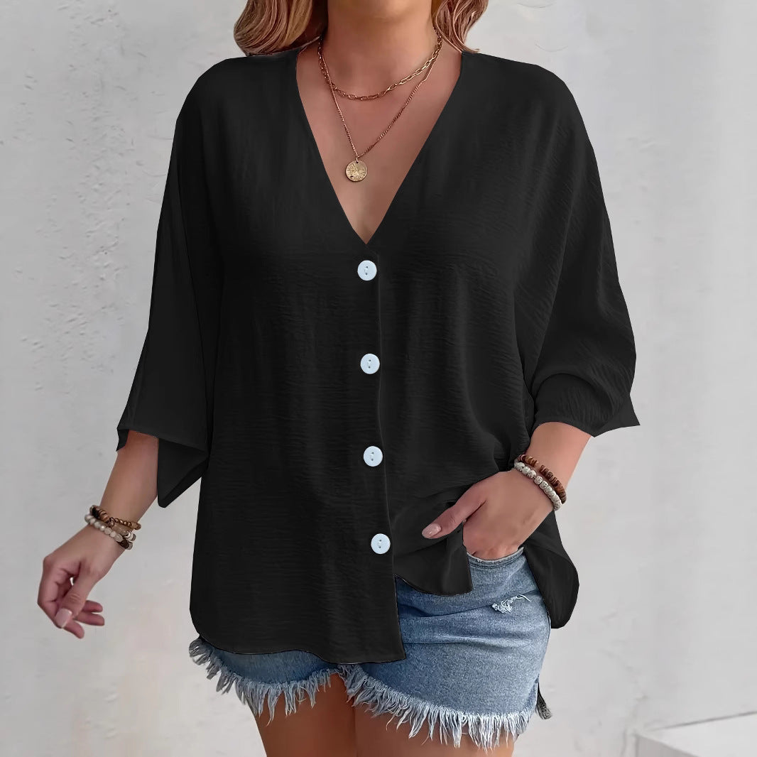 Women's V-Neck Ice Silk Cardigan Long Sleeve Button Solid Color Casual Vacation Outfit - Seldom Seen Styles
