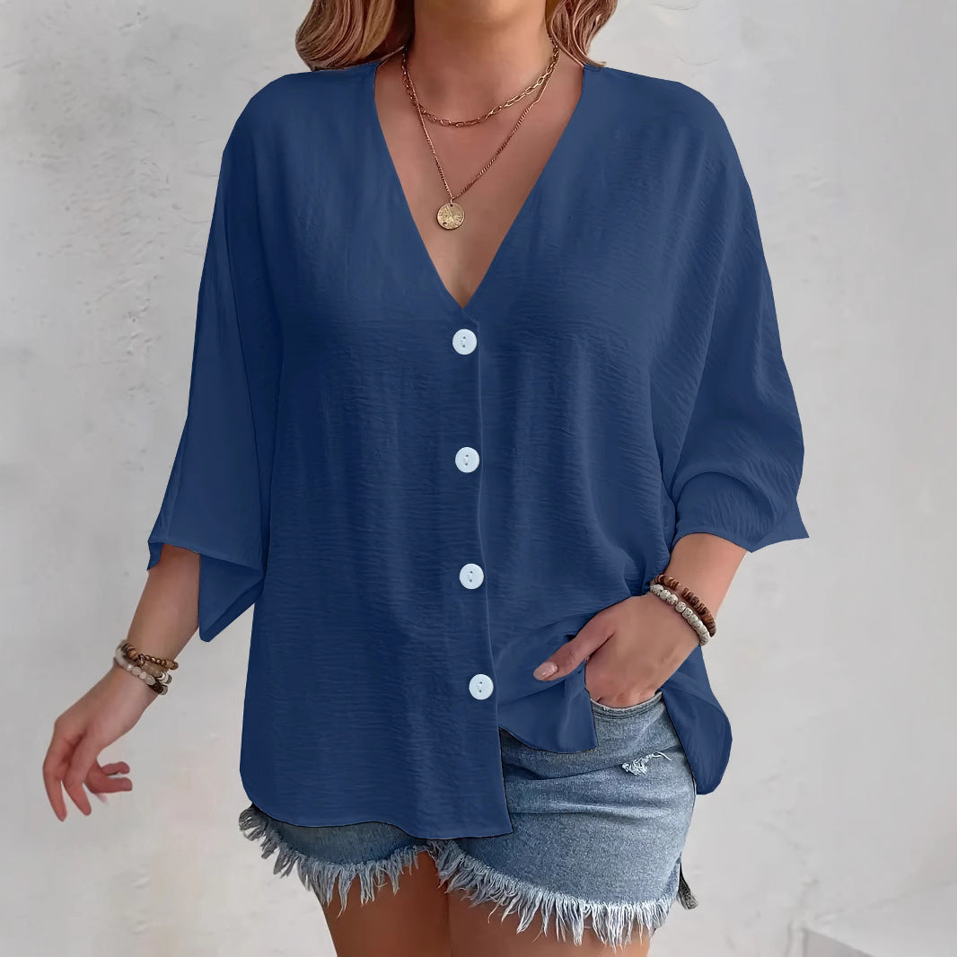 Women's V-Neck Ice Silk Cardigan Long Sleeve Button Solid Color Casual Vacation Outfit - Seldom Seen Styles