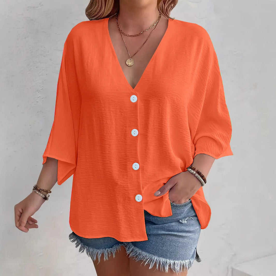 Women's V-Neck Ice Silk Cardigan Long Sleeve Button Solid Color Casual Vacation Outfit - Seldom Seen Styles
