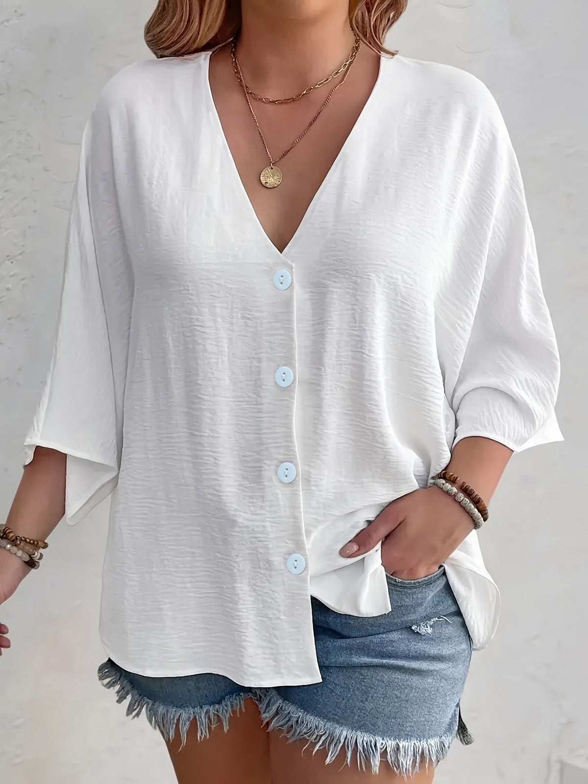 Women's V-Neck Ice Silk Cardigan Long Sleeve Button Solid Color Casual Vacation Outfit - Seldom Seen Styles