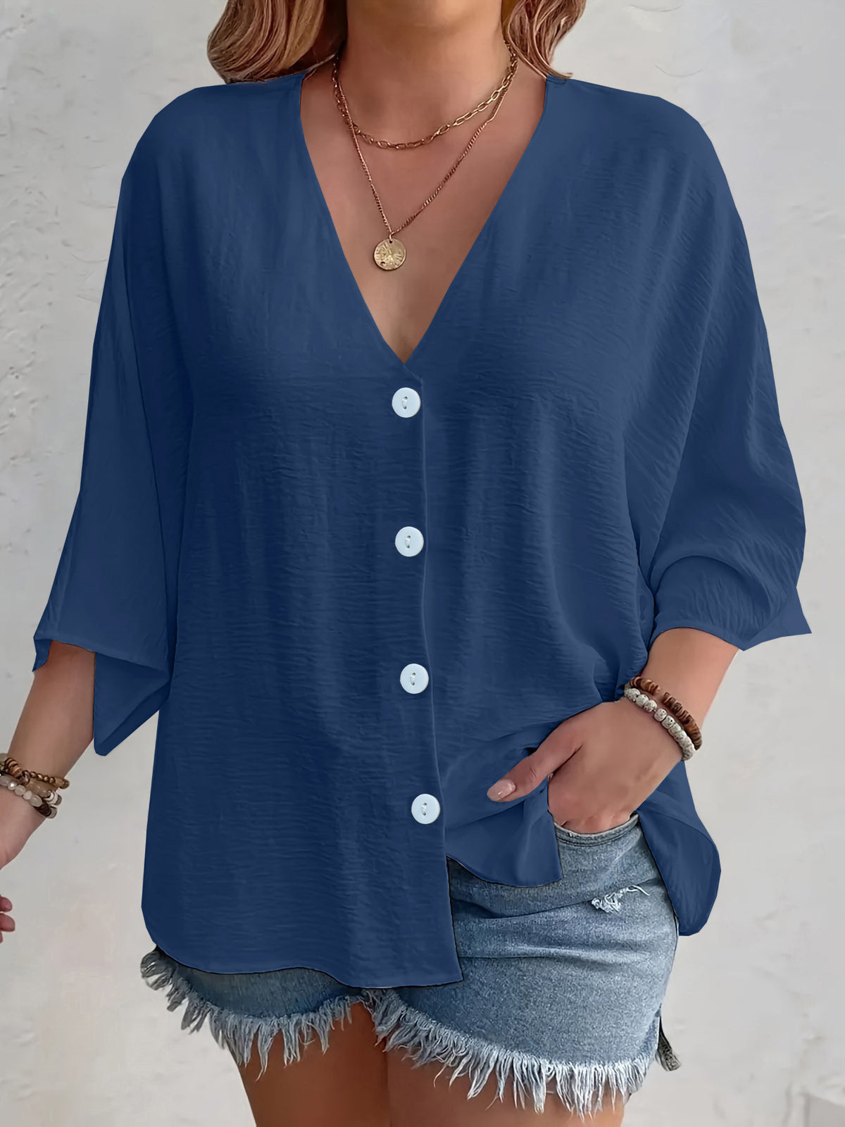 Women's V-Neck Ice Silk Cardigan Long Sleeve Button Solid Color Casual Vacation Outfit - Seldom Seen Styles
