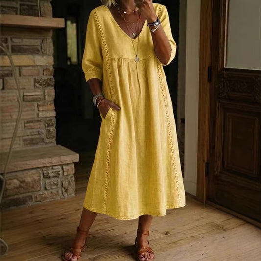 Women's V-Neck Lace Trim Linen Cotton Dress Loose Casual Summer Beach Vacation Dress - Seldom Seen Styles