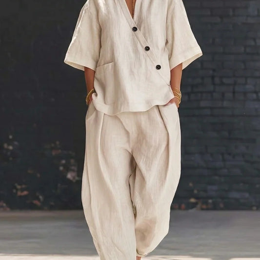 Women's V Neck Loose Short Sleeve Top High Waist Wide Leg Pants Two Piece Set Summer Casual Outfit - Seldom Seen Styles