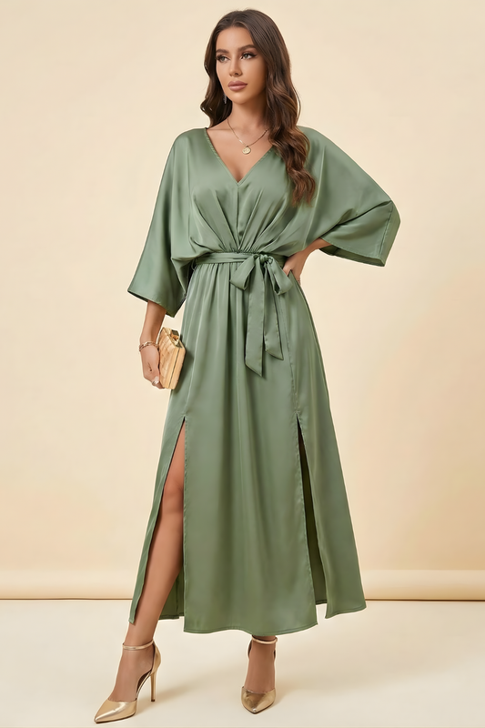 Women’s V-Neck Maxi Dress with Waist Tie and Kimono Sleeves – Occasion Wrap-Style Dress - Seldom Seen Styles