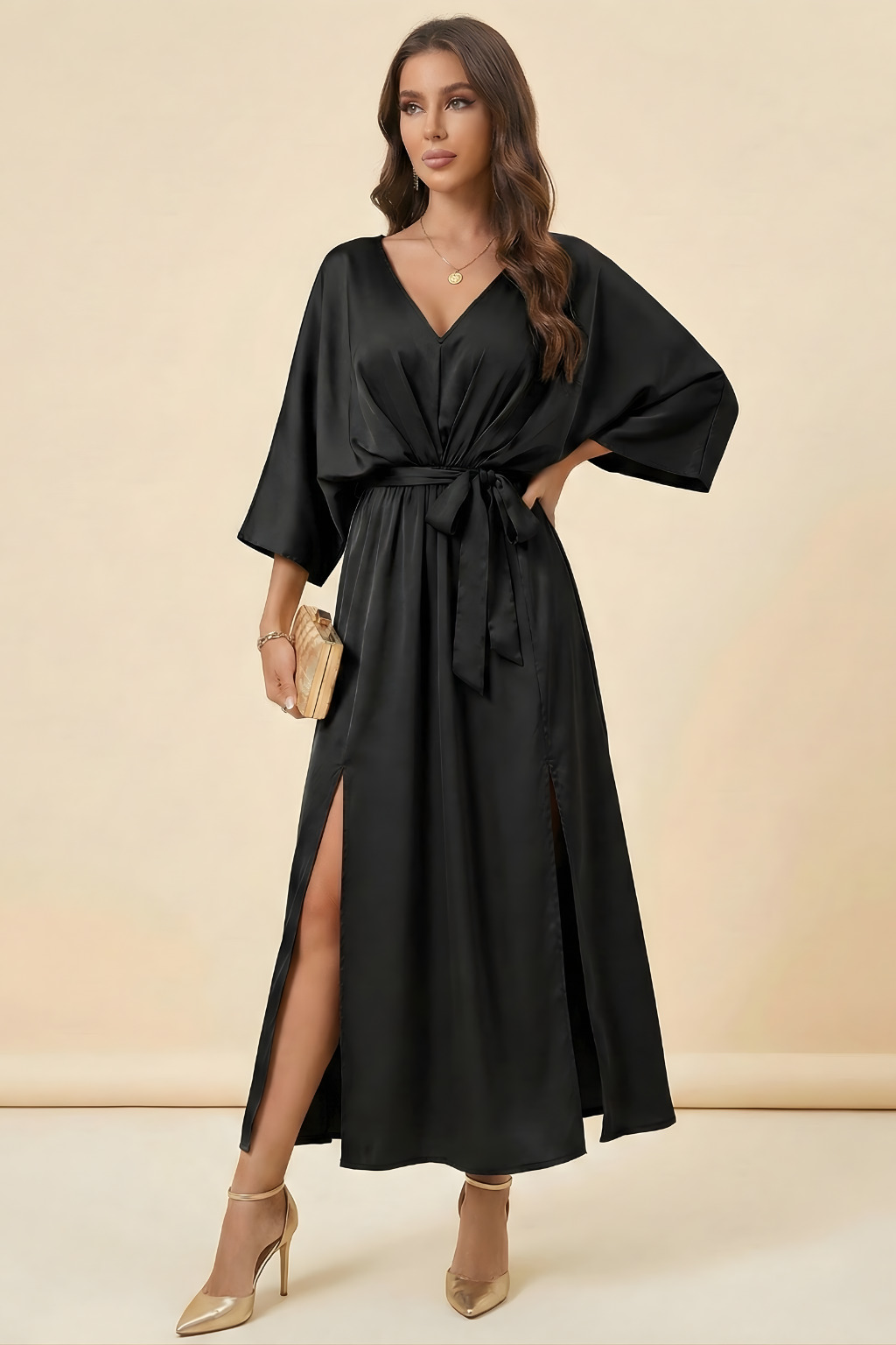 Women’s V-Neck Maxi Dress with Waist Tie and Kimono Sleeves – Occasion Wrap-Style Dress - Seldom Seen Styles