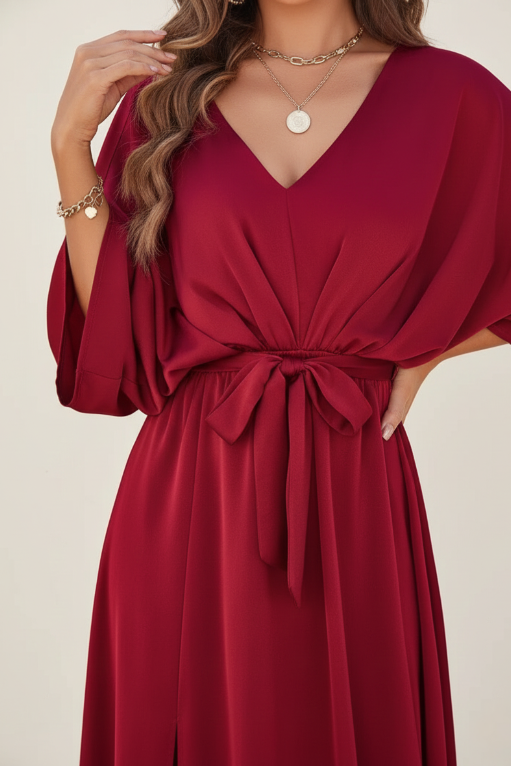 Women’s V-Neck Maxi Dress with Waist Tie and Kimono Sleeves – Occasion Wrap-Style Dress - Seldom Seen Styles